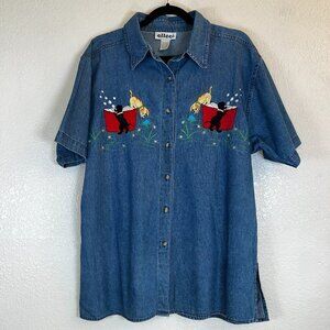 VTG Effeci Denim Jean Short Sleeve Blouse Top Embroidered Dogs/Puppies‎ Size XL